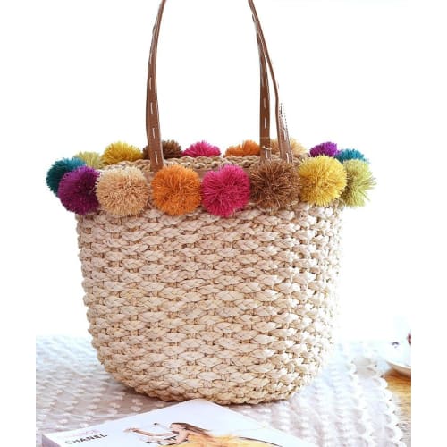 Sac Cabas en Paille et Pompons Colorés Shaulaa