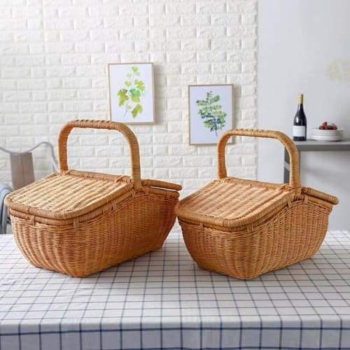 Panier pique nique en osier clair avec couvercles - Maison Panier pique nique en osier clair avec couvercles - Maison
