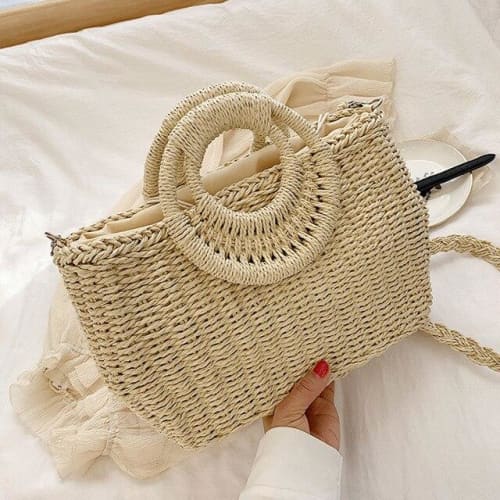 Sac cabas plage en paille - beige / 35x10x20cm